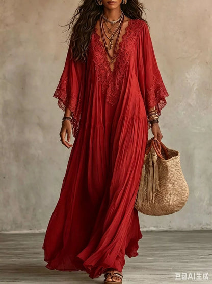 Lace Trim V-Neck Maxi Dress
