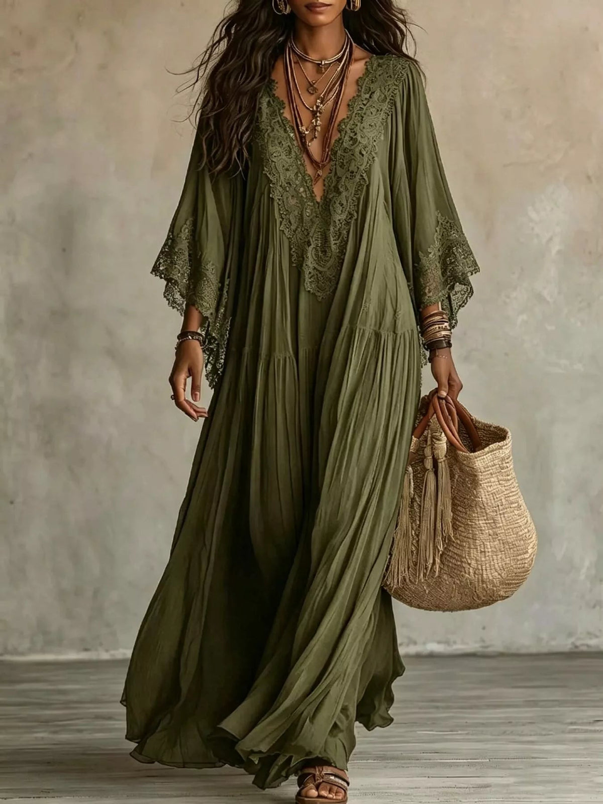 Lace Trim V-Neck Maxi Dress