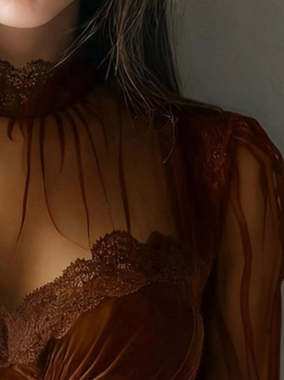 Lace Trim Velvet Sheer Sleeve Blouse