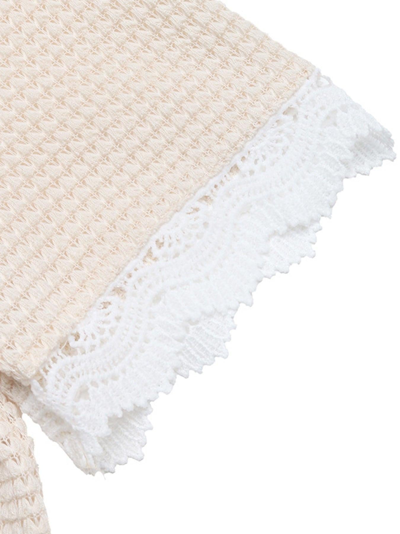Lace Trim Waffle Knit T-Shirt