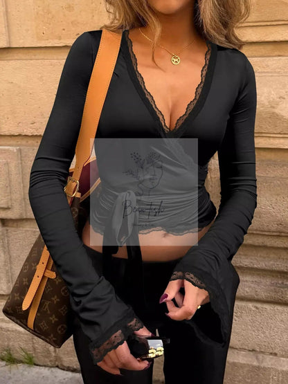 Lace Trim Wrap Front Long Sleeve T-Shirt