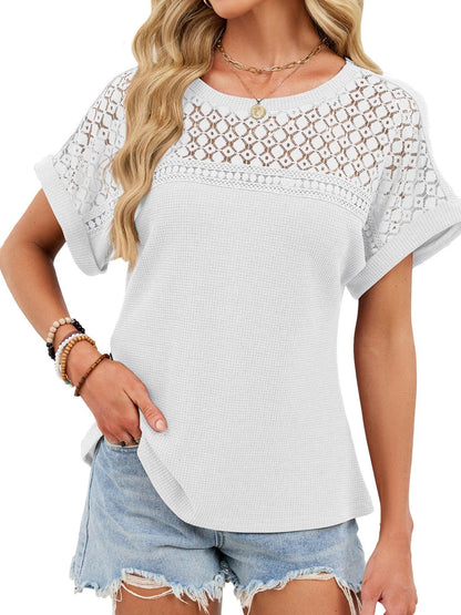 Lace-Trimmed Round Neck T-Shirt