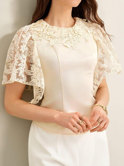Lace Trimmed Short Sleeve Blouse