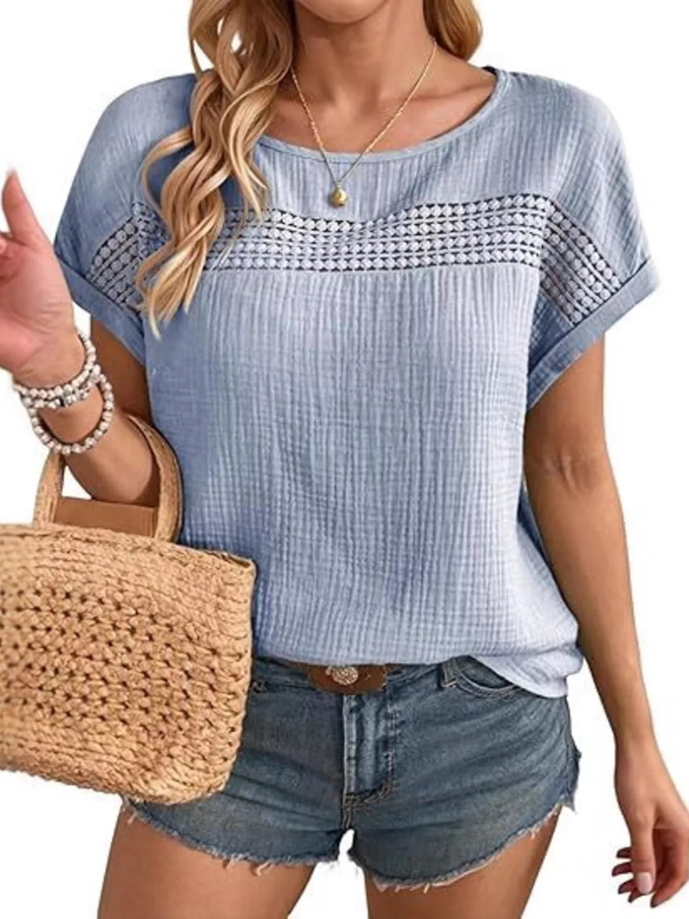 Lace Trimmed Short Sleeve Blouse