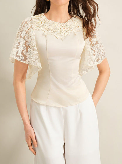 Lace Trimmed Short Sleeve Blouse