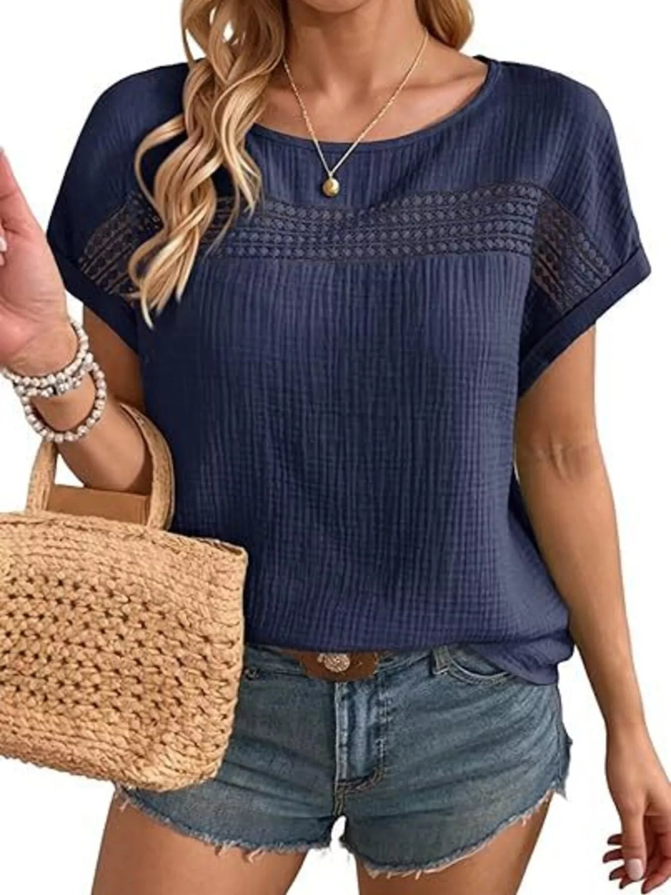 Lace Trimmed Short Sleeve Blouse