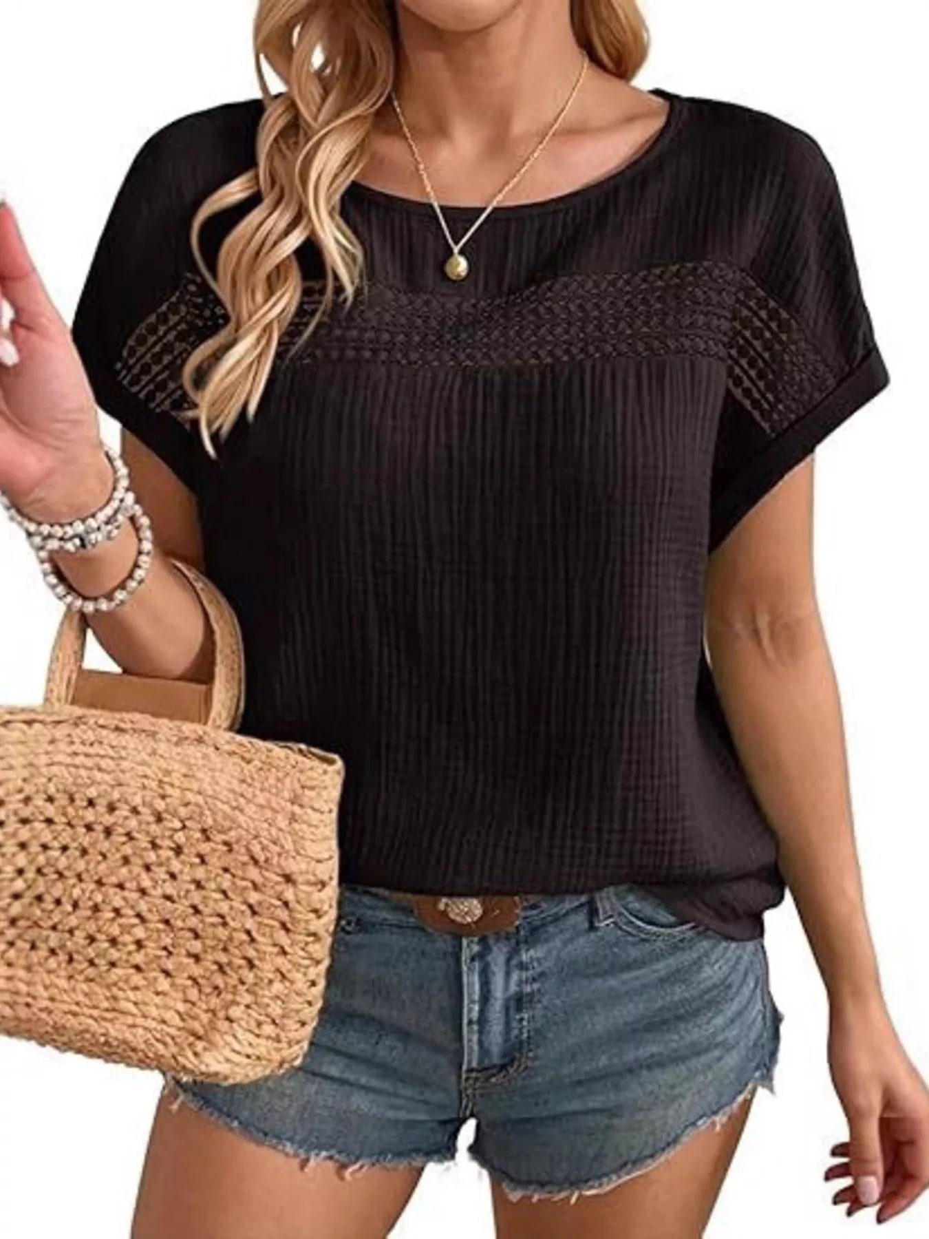 Lace Trimmed Short Sleeve Blouse