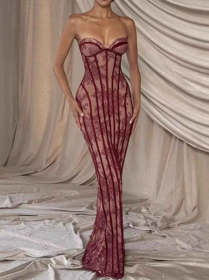 Lace Up Back Strapless Maxi Dress