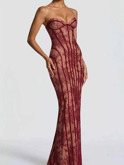 Lace Up Back Strapless Maxi Dress