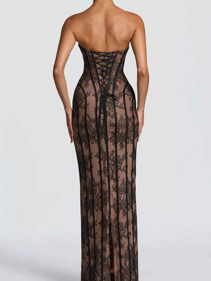 Lace Up Back Strapless Maxi Dress