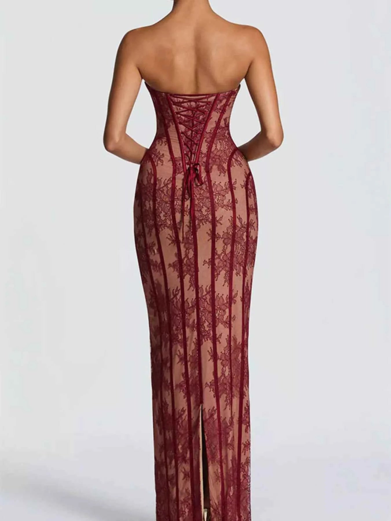Lace Up Back Strapless Maxi Dress