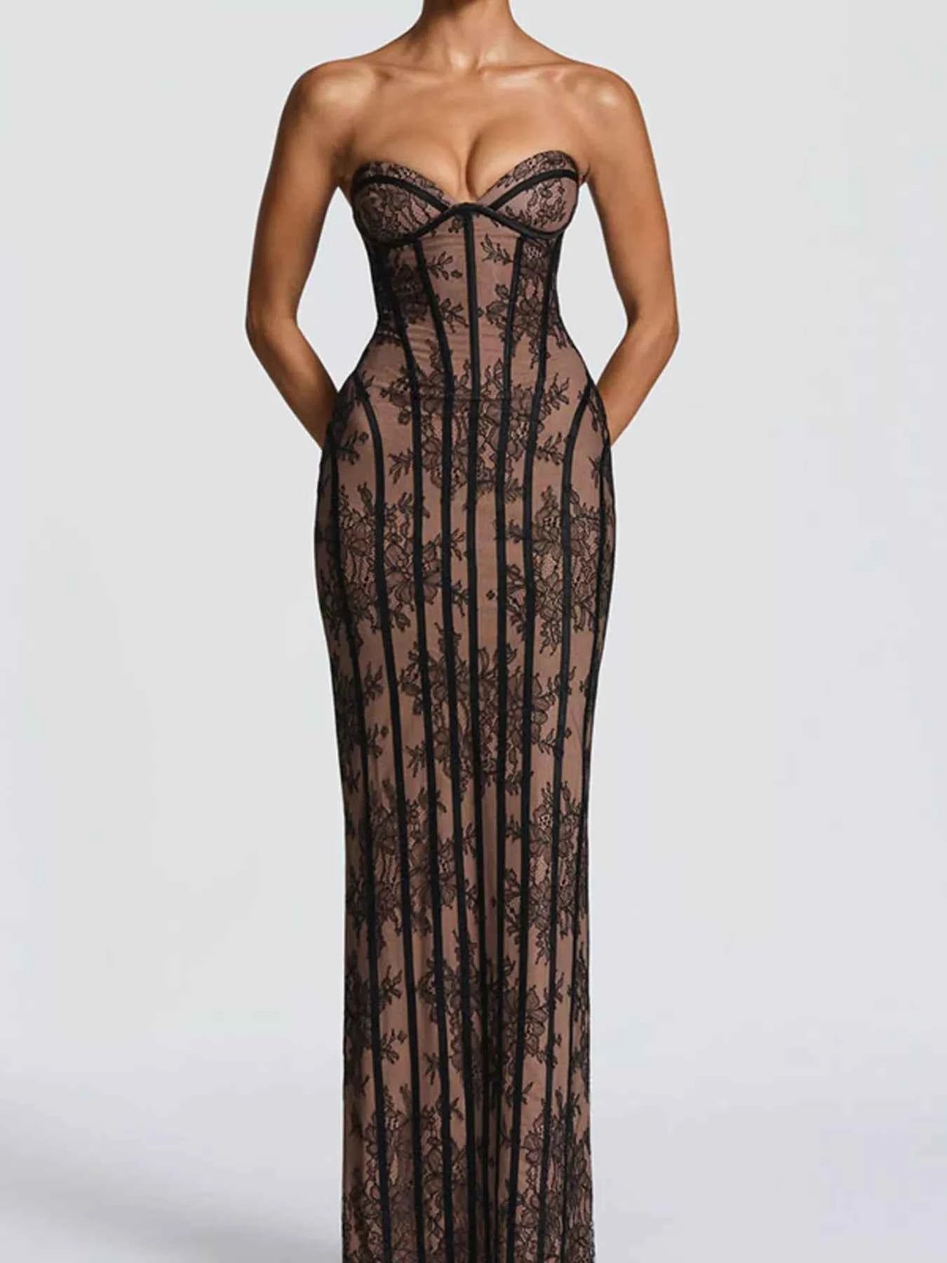 Lace Up Back Strapless Maxi Dress