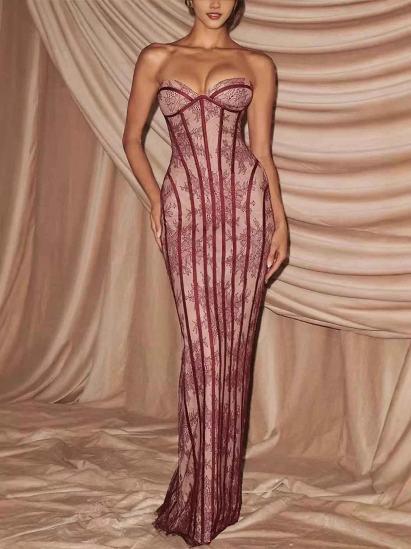 Lace Up Back Strapless Maxi Dress