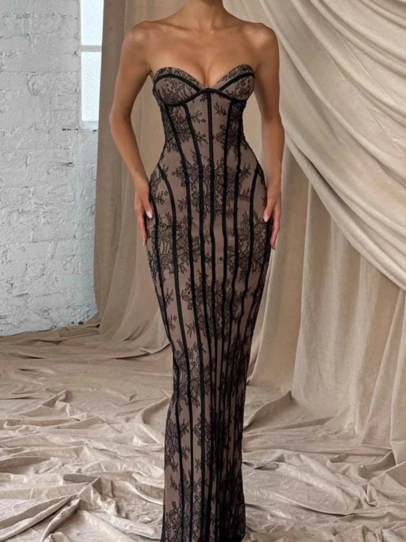 Lace Up Back Strapless Maxi Dress