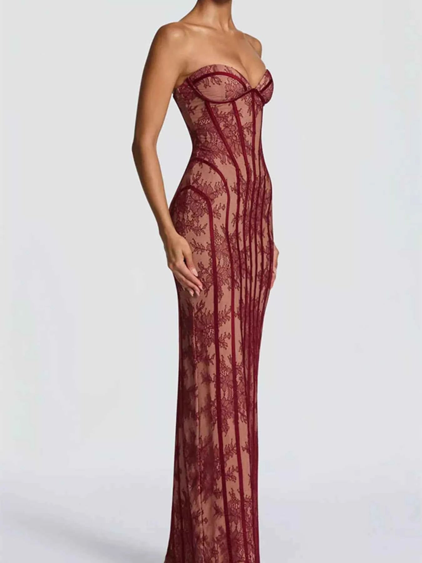 Lace Up Back Strapless Maxi Dress