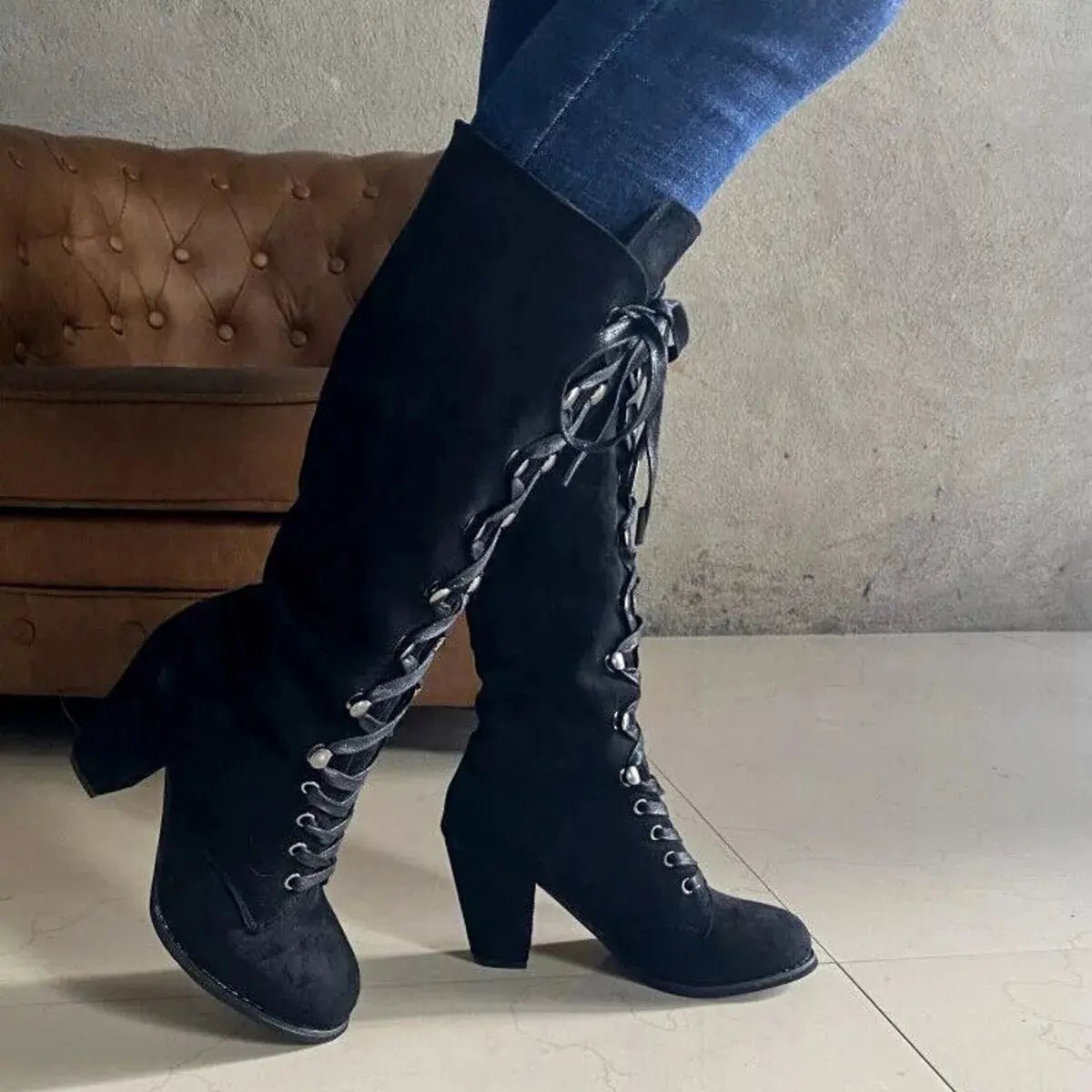 Lace Up Block Heels Boots