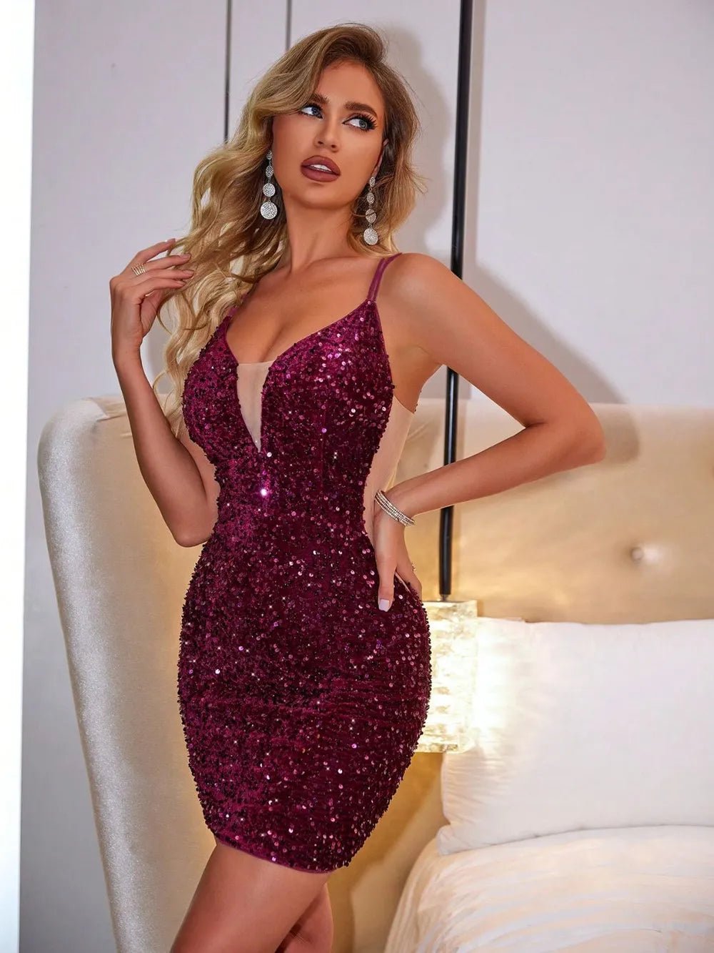 Lace - Up Sequin Plunge Sleeveless Dress