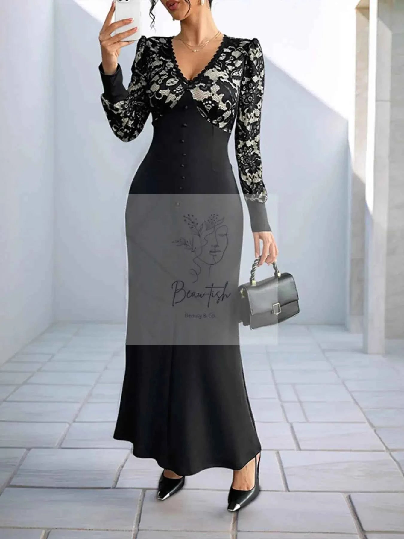 Lace V - Neck Long Sleeve Maxi Dress