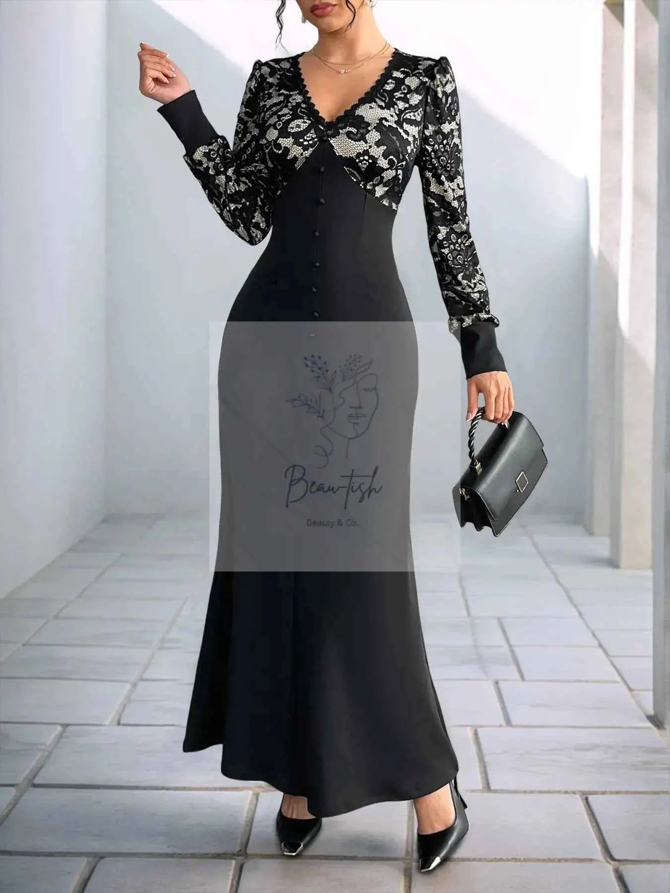 Lace V - Neck Long Sleeve Maxi Dress