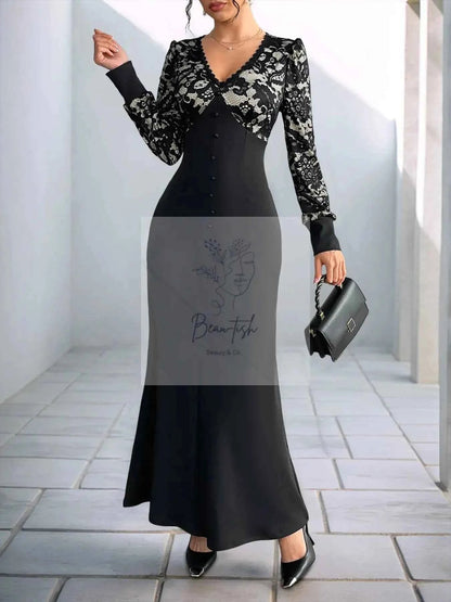 Lace V - Neck Long Sleeve Maxi Dress