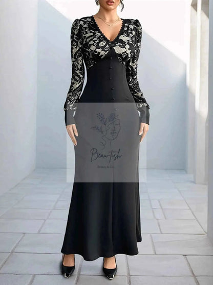 Lace V - Neck Long Sleeve Maxi Dress