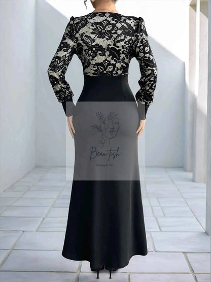 Lace V - Neck Long Sleeve Maxi Dress