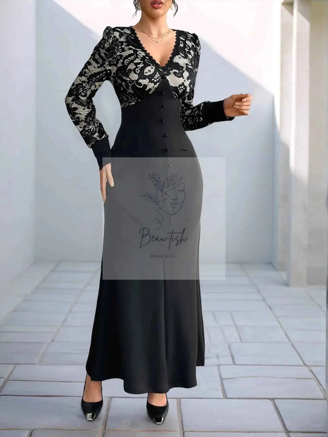 Lace V - Neck Long Sleeve Maxi Dress