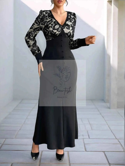 Lace V - Neck Long Sleeve Maxi Dress