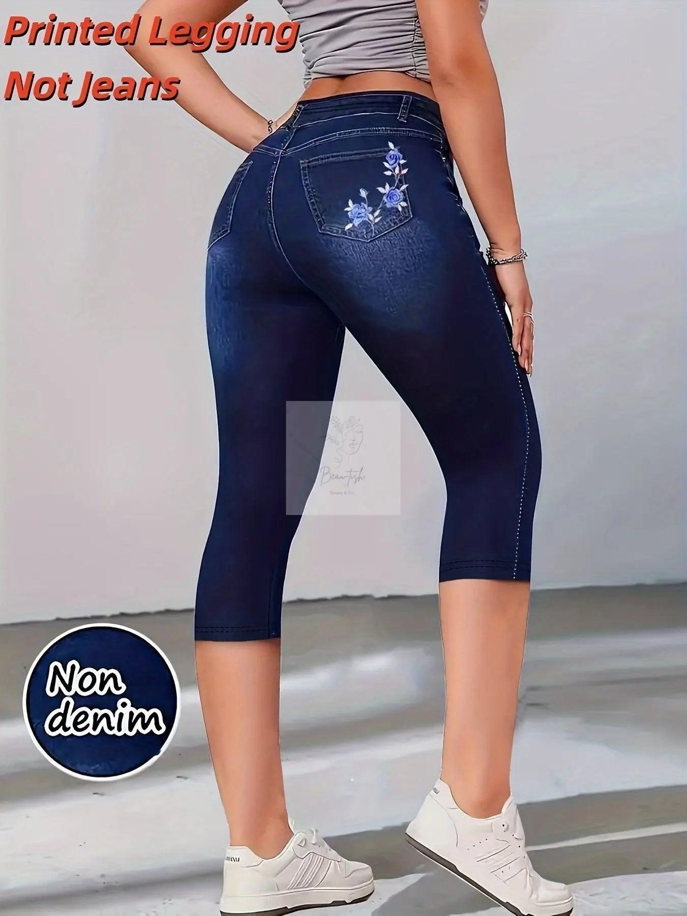 Ladies' High-Elasticity Faux Denim Capri Pants | Skinny Fit, Printed Design