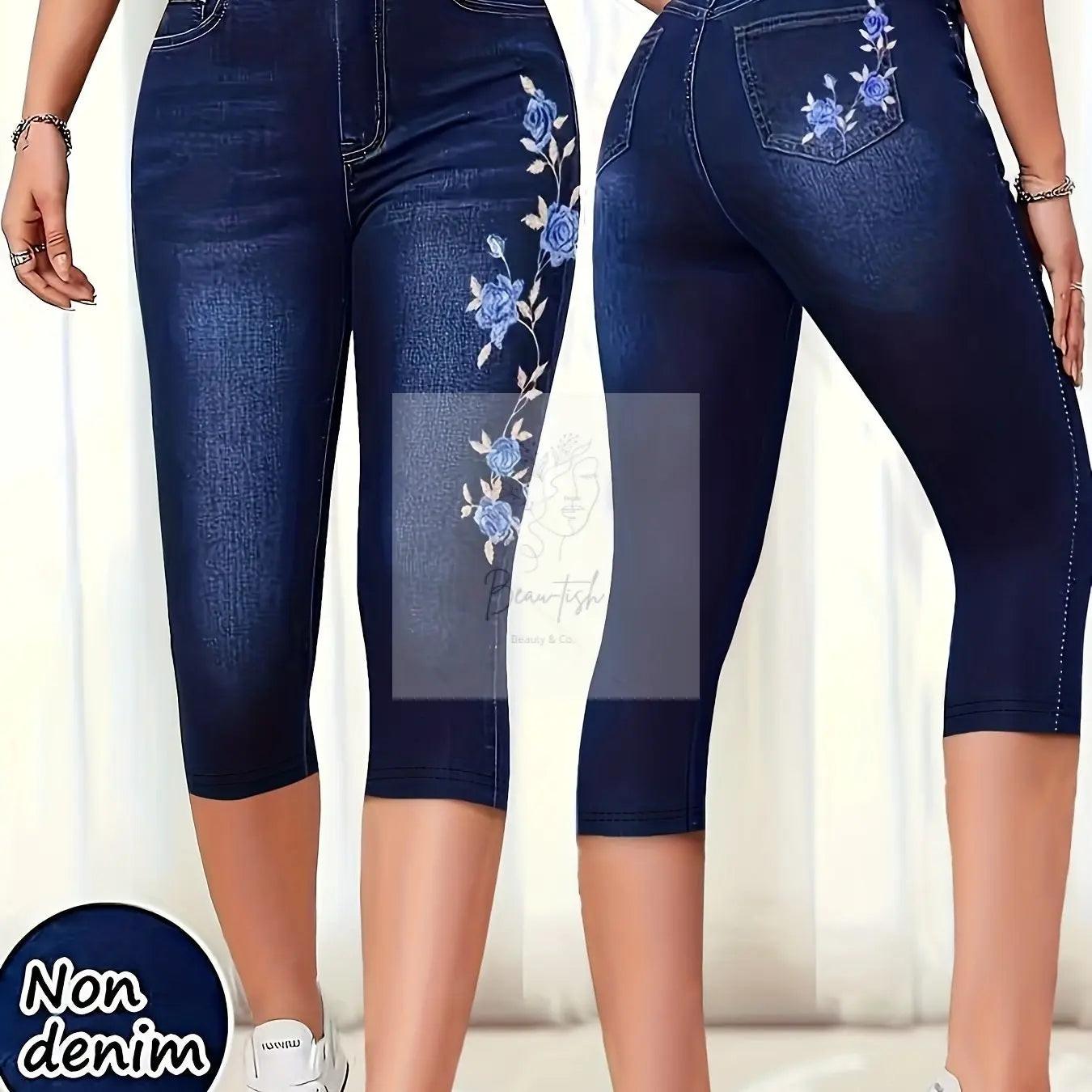 Ladies' High-Elasticity Faux Denim Capri Pants | Skinny Fit, Printed Design