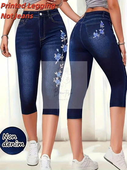 Ladies' High-Elasticity Faux Denim Capri Pants | Skinny Fit, Printed Design