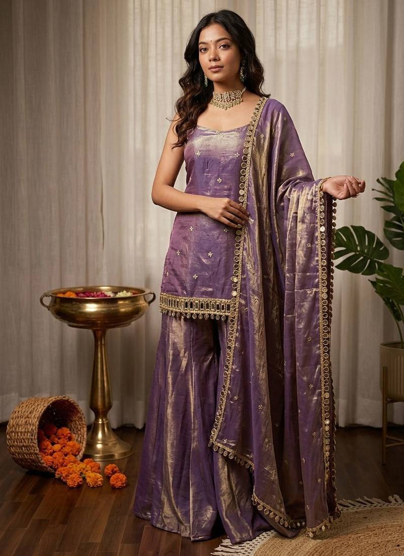 Lavender Mirror Work Art Silk Palazzo Suit