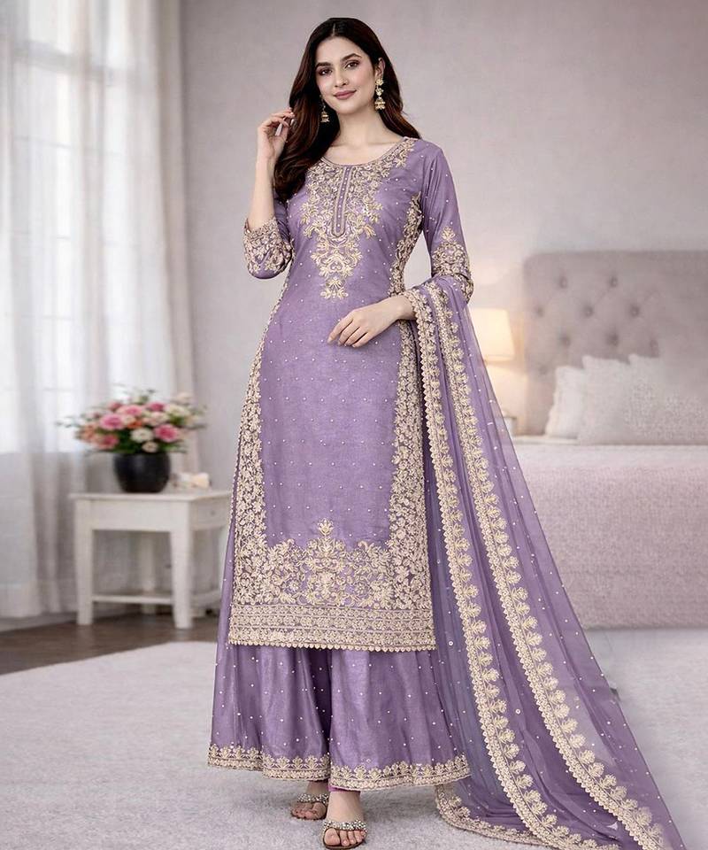 Lavender Zari-Embroidered Palazzo Suit