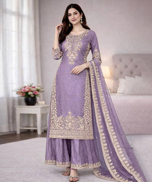 Lavender Zari-Embroidered Palazzo Suit