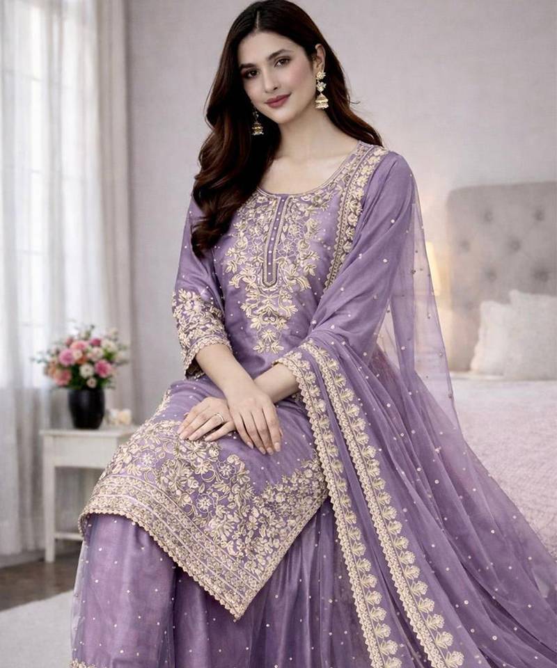 Lavender Zari-Embroidered Palazzo Suit – view 2