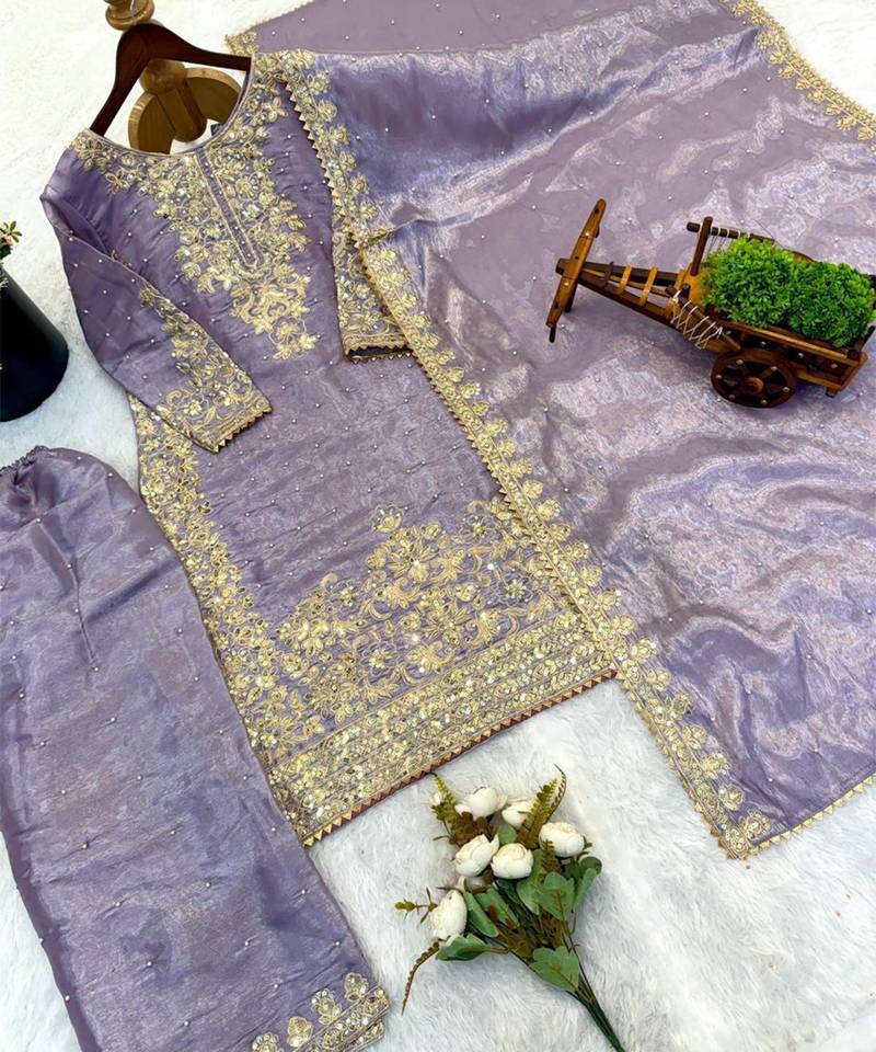 Lavender Zari-Embroidered Palazzo Suit – view 3