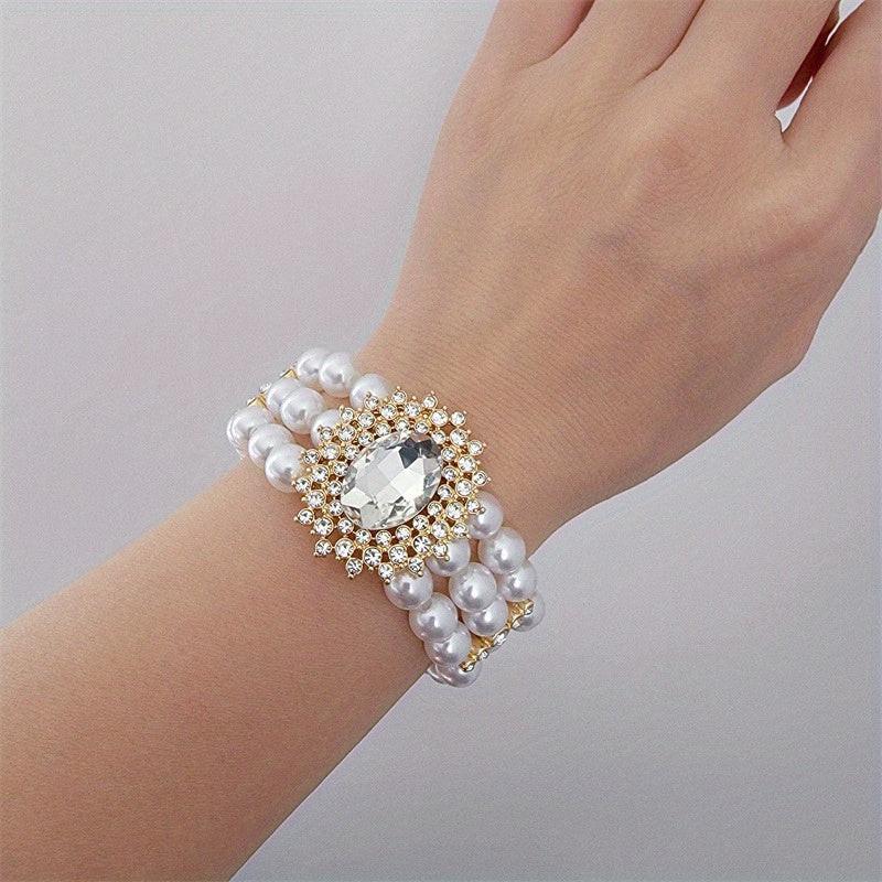 Luxury Sparkling Rhinestone Multi - Layer Faux Imitation Pearl Beaded Bracelet