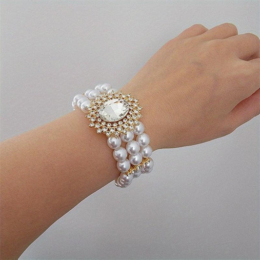 Luxury Sparkling Rhinestone Multi - Layer Faux Imitation Pearl Beaded Bracelet