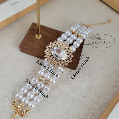 Luxury Sparkling Rhinestone Multi - Layer Faux Imitation Pearl Beaded Bracelet