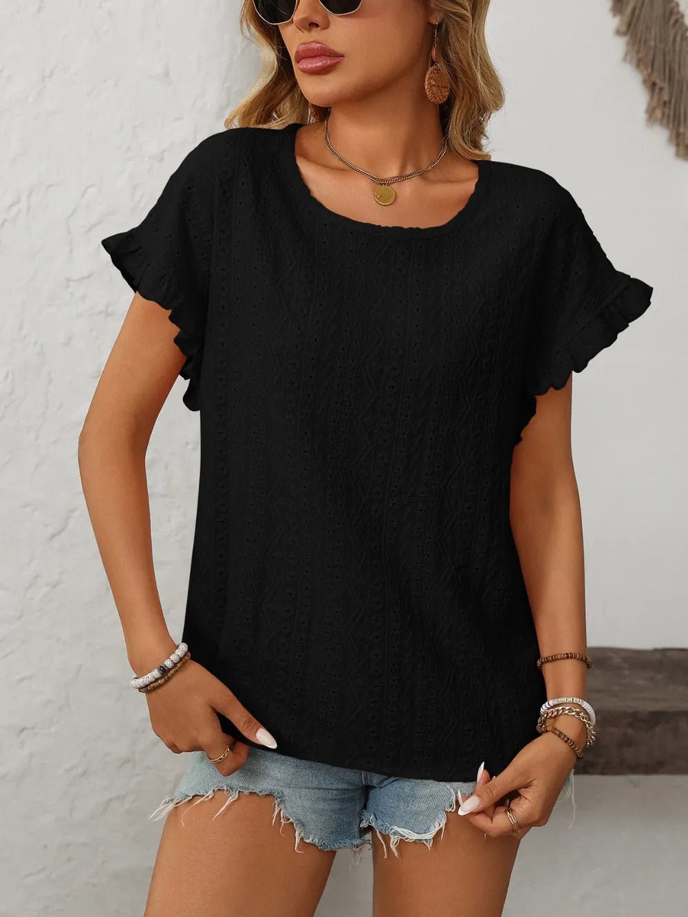Eyelet Frill Round Neck Top