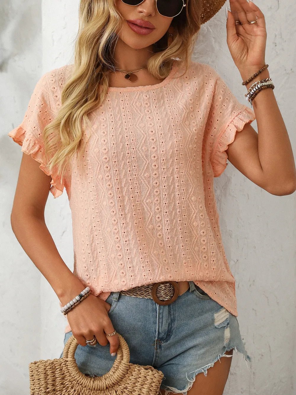 Eyelet Frill Round Neck Top