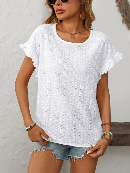 Eyelet Frill Round Neck Top