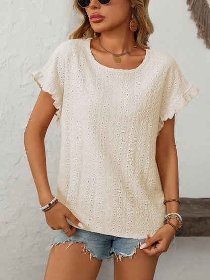 Eyelet Frill Round Neck Top