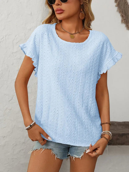 Eyelet Frill Round Neck Top