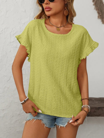 Eyelet Frill Round Neck Top