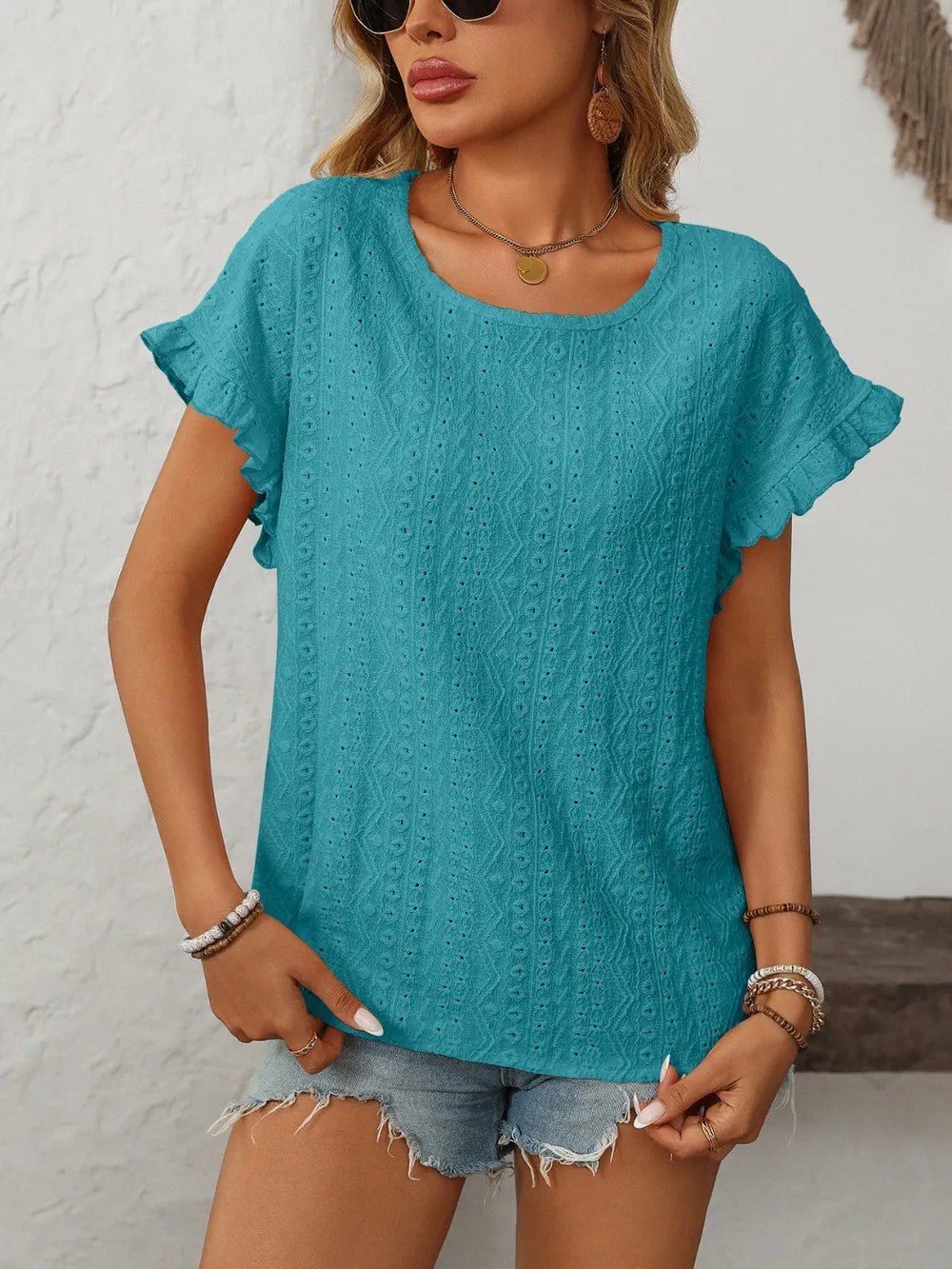 Eyelet Frill Round Neck Top