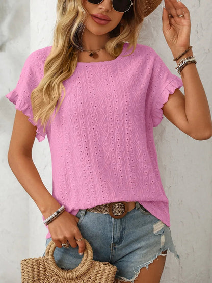 Eyelet Frill Round Neck Top