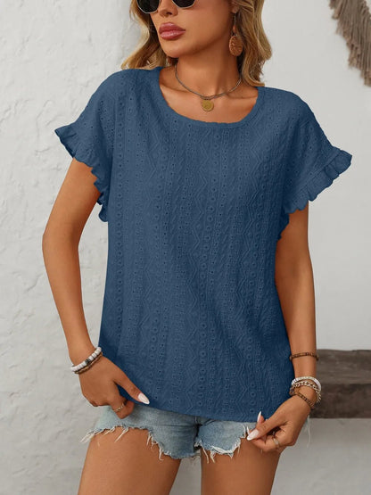 Eyelet Frill Round Neck Top