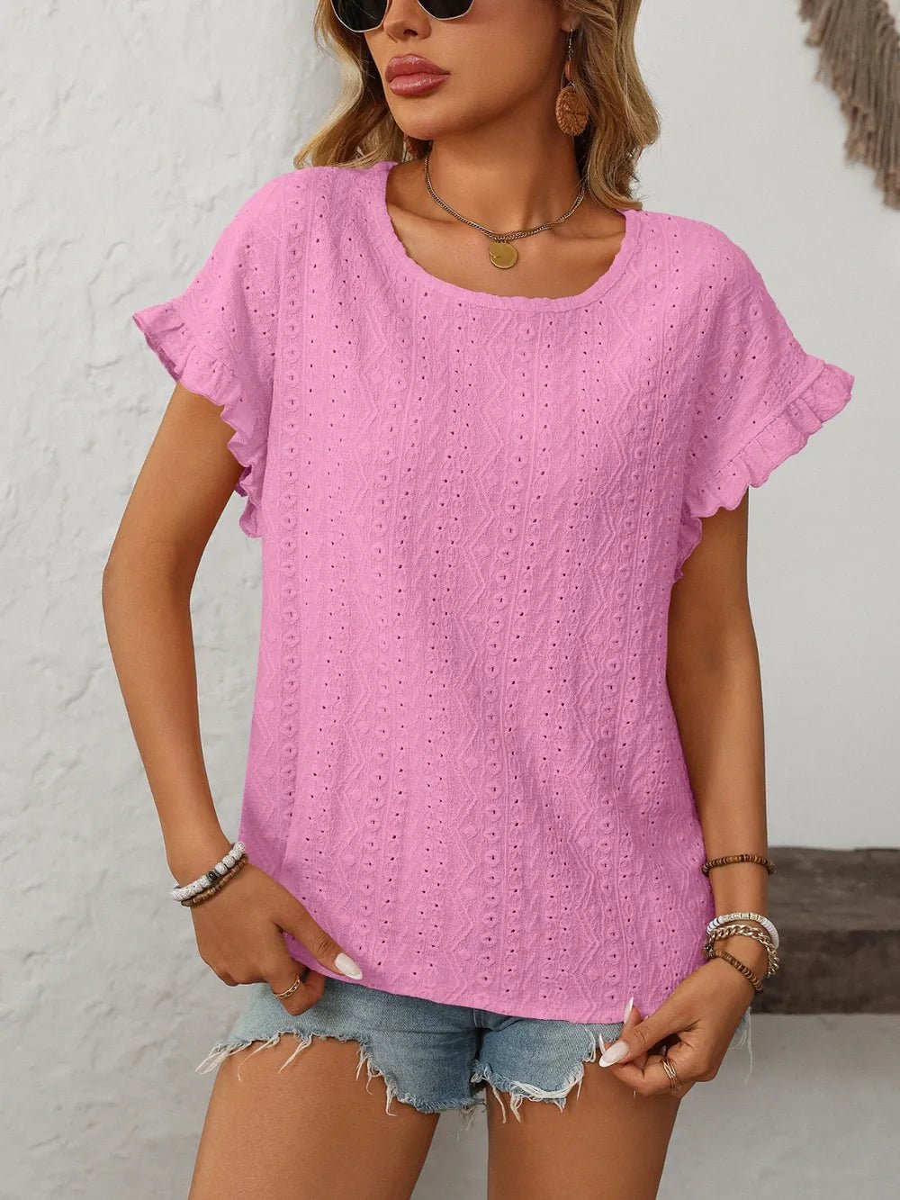 Eyelet Frill Round Neck Top