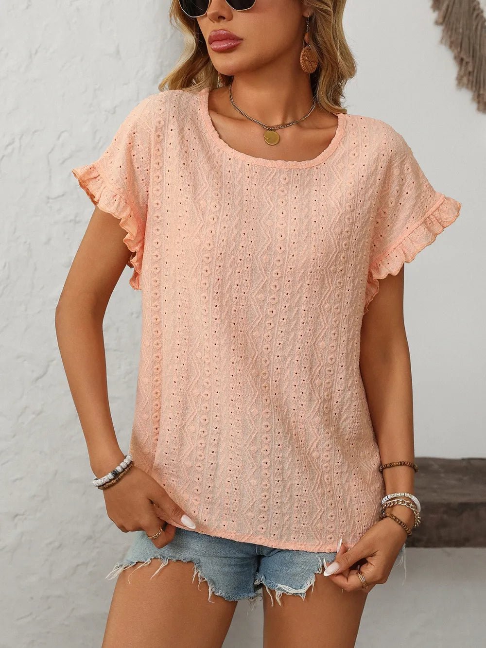 Eyelet Frill Round Neck Top